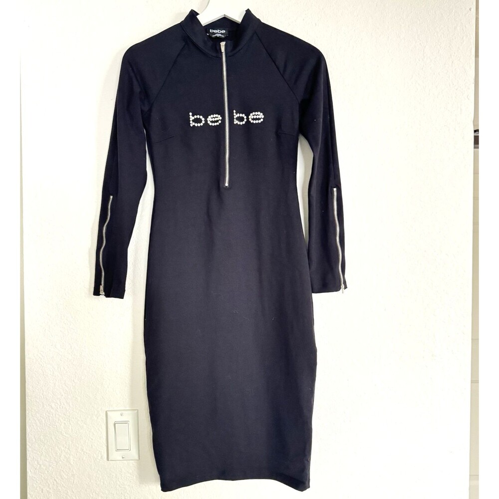 bebe Dress Black Sz S/P Swarovski Crystals Y2K Vintage Midi Bodycon Zipper Front